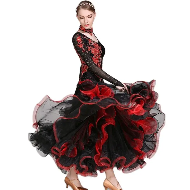 Embroidery V Neck Rhinestones Woman Ballroom Dance Competition Dress Foxtort Dance Costumes Ball Gown Prom Dress