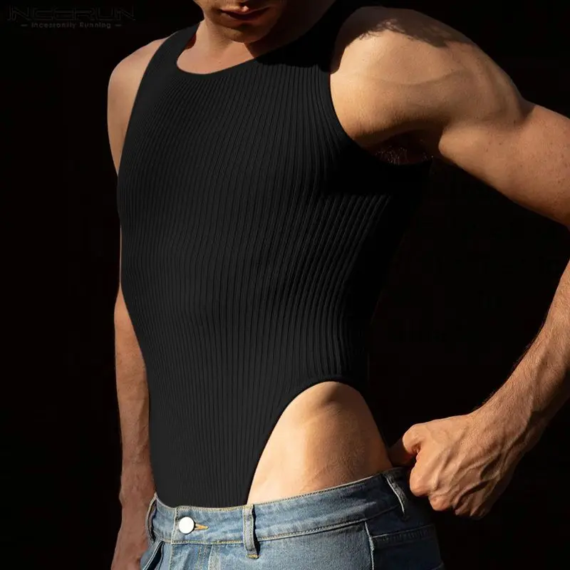 Men Bodysuits Solid Color O-neck Sleeveless Knitted Rompers Male Tank Tops Summer Bodysuit For Men Bodysuits Men Lingerie