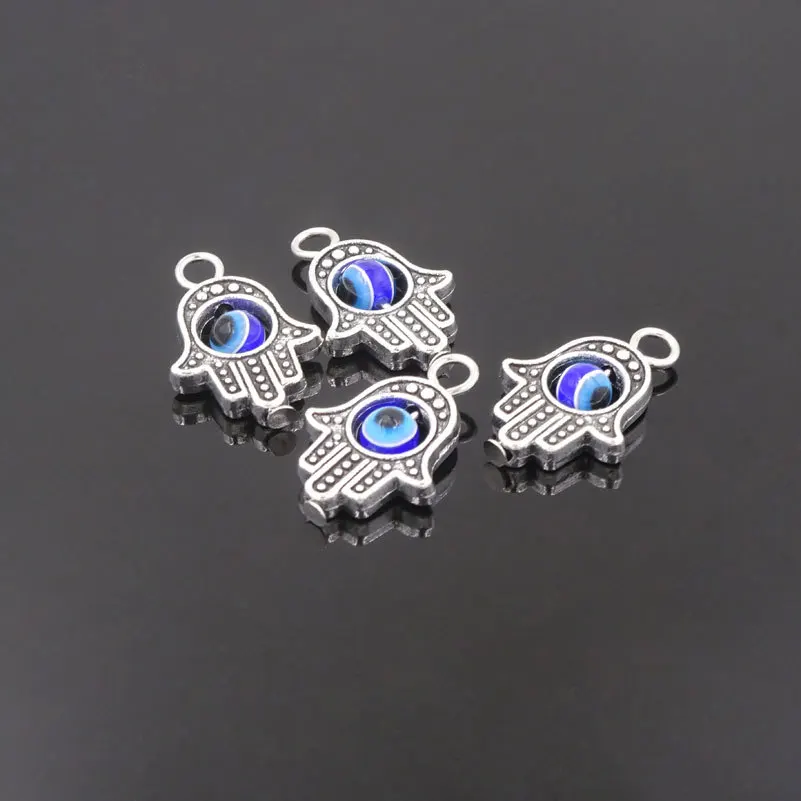 10Pcs Argento Antico Colore Hamsa Fatima Fascino Mano Male Occhio Blu Perlina Misura Ciondolo Collana Braccialetto Accessori Gioielli Fai Da Te - Foto 8