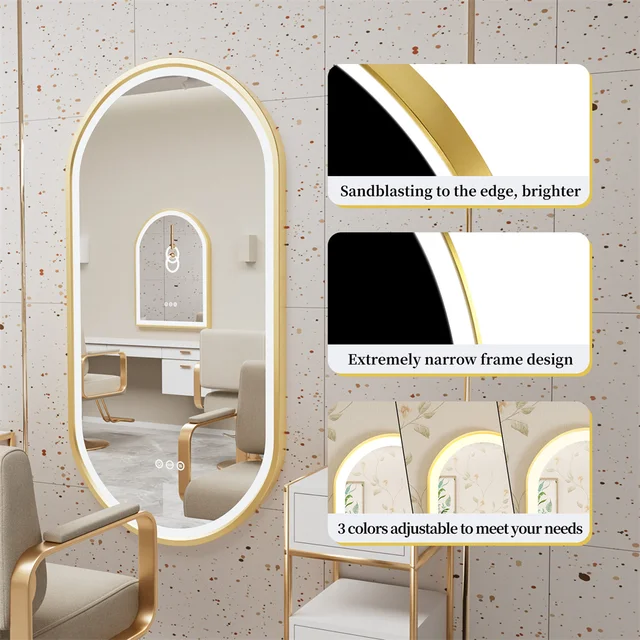 LUVODI Specchio da bagno illuminato a LED ovale di lusso con cornice in alluminio dorato con tappetino disappannante 5