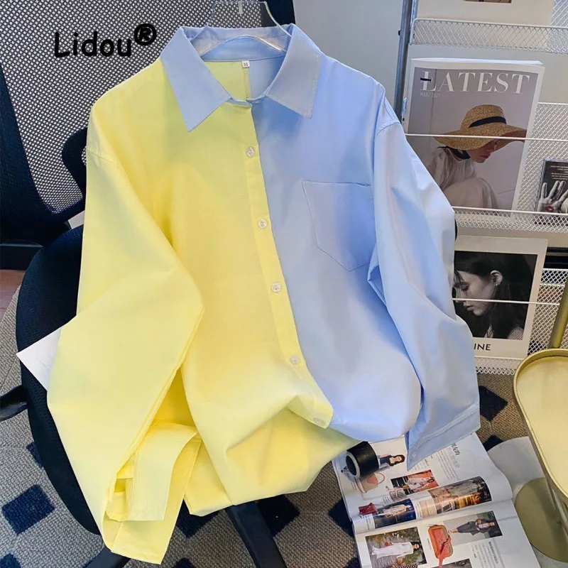 Spring and Autumn 2023 New Yellow Collar Blue Shirt Salt Girl Long Sleeve Fashion POLO Collar Loose Korean Casual College Style