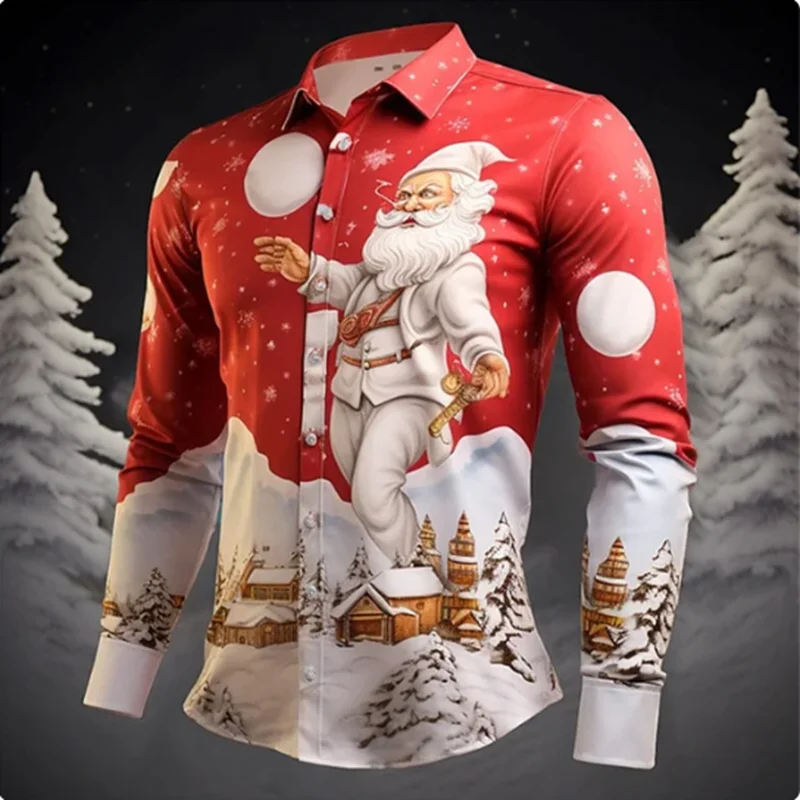 

Men's Christmas Santa Claus 3D Print Hawaii Shirts Casual Lapel Single Breasted Short/Long Sleeve Tops New Year Vacation Clothes