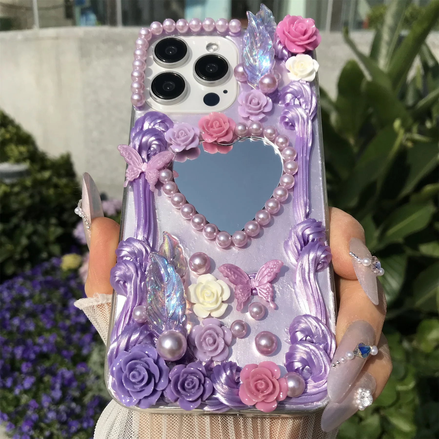 Handmade Purple Baroque Floral Mirror Phone Case - Soft TPU Dustproof Retro Design