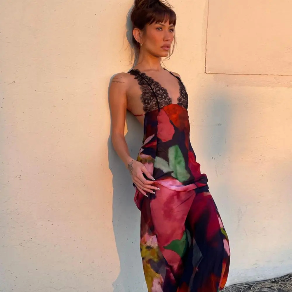 

2024 New Women's sexy Spring New Printed Sleeveless Panel Large Open Back Beach Spicy Girl Dress date TIGHT SKIRT
