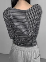 Casual Striped Breasted Long Sleeve Hooded T-Shirts Women Design Slim Fit Simple Fashion Blouses 2