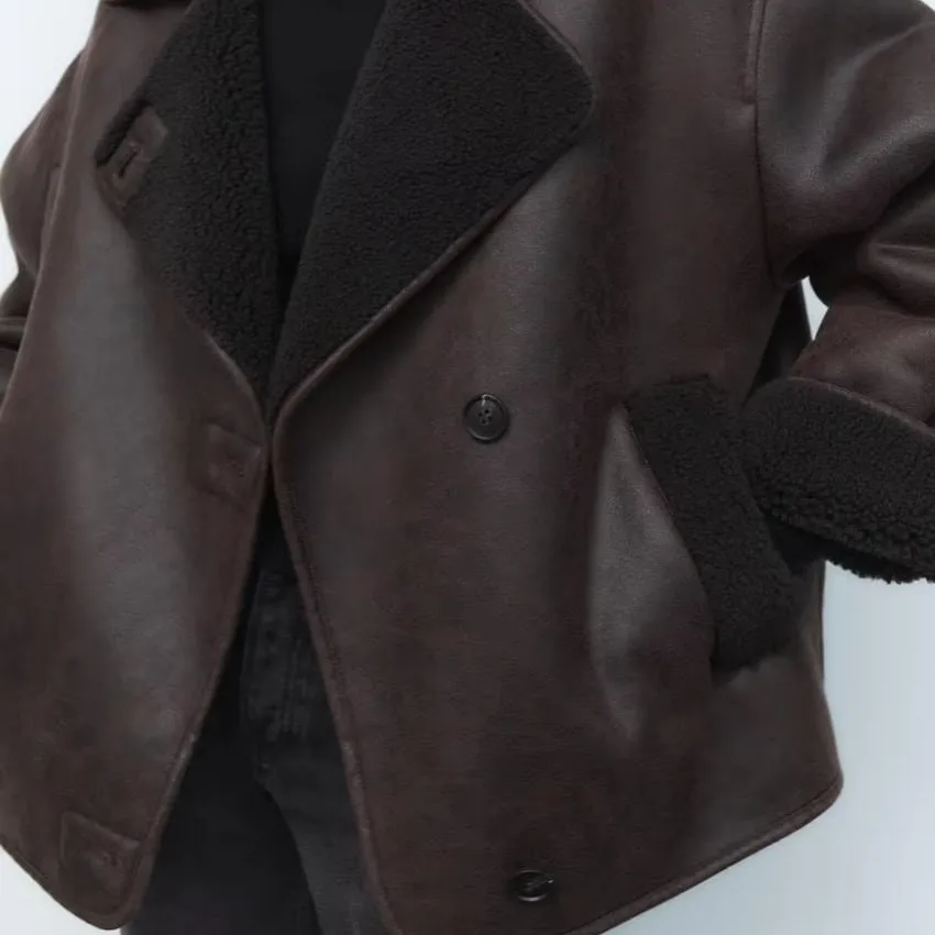 Autumn and Winter New Dark Brown Women's Coat Moto & Biker Pockets Solid Simple and Loose Version of Artificial Fur One Coat
