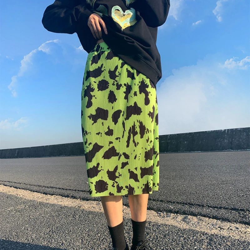 green printed midi skirt