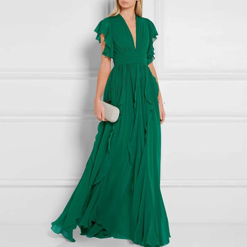 

Vintage Elegant Green Ruffles Long Party Dresses Womens 2022 Runway Sexy V-neck Pleated Maxi Dress Chiffon Robe Femme