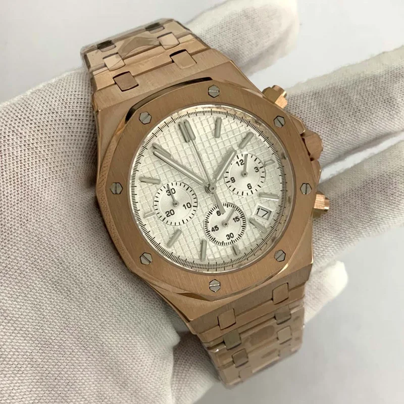 

High Quality Miyota VK63 Chronograph Quartz Men Watch Rose Gold 316 Stainless Steel Sapphire Crystal Clock Screw Crown