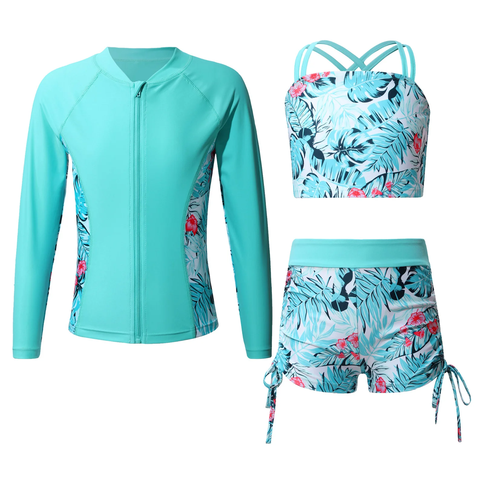 

3PCS Kids Girls Printed Swimwear Set Long Sleeve Outerwear with Double Shoulder Straps Tank Top And Shorts Outfit for Swimming