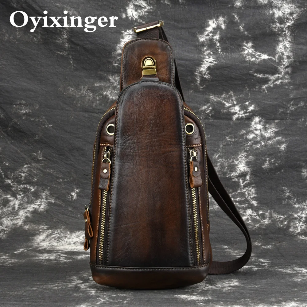 Нагрудные сумки OYIXINGER из натуральной кожи для мужчин, винтажная потертая Сумочка через плечо в стиле ретро, удобные мужские портфели с ручным ремнем