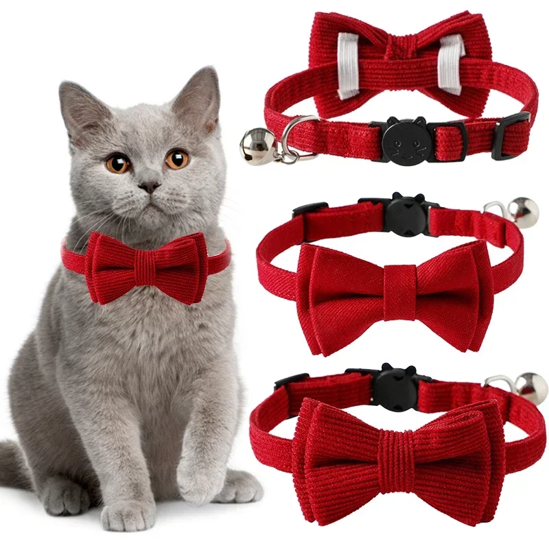 

Red Cute Bow Tie Bell Accessories Kitten Adjustable Pet Sucardo Cat Collar Christmas Valentine's Day Safety Buckle Separation