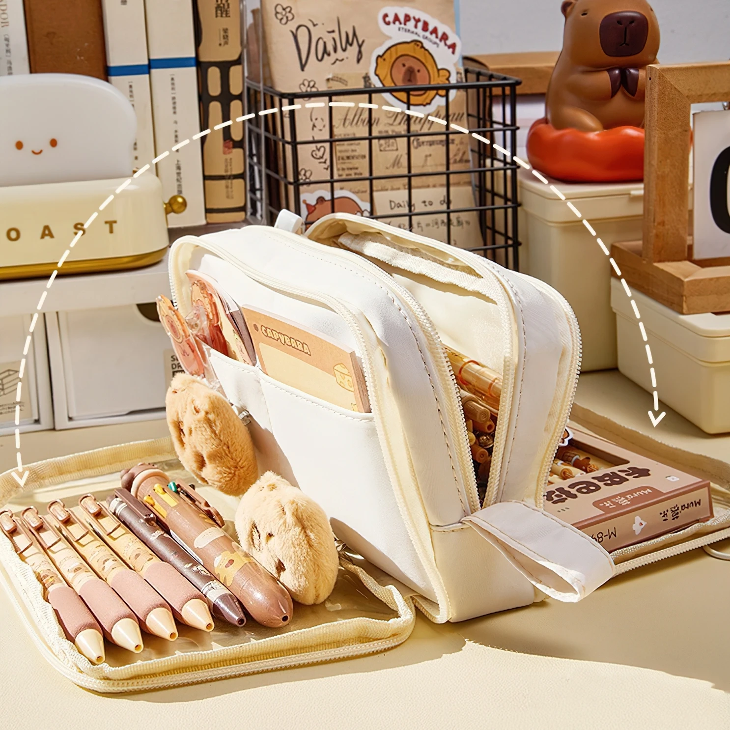 듀얼 사이드 투명 연필 가방 펜 케이스, 문구류 학교 A7628, 4 레이어 멀티 포켓 보관 파우치