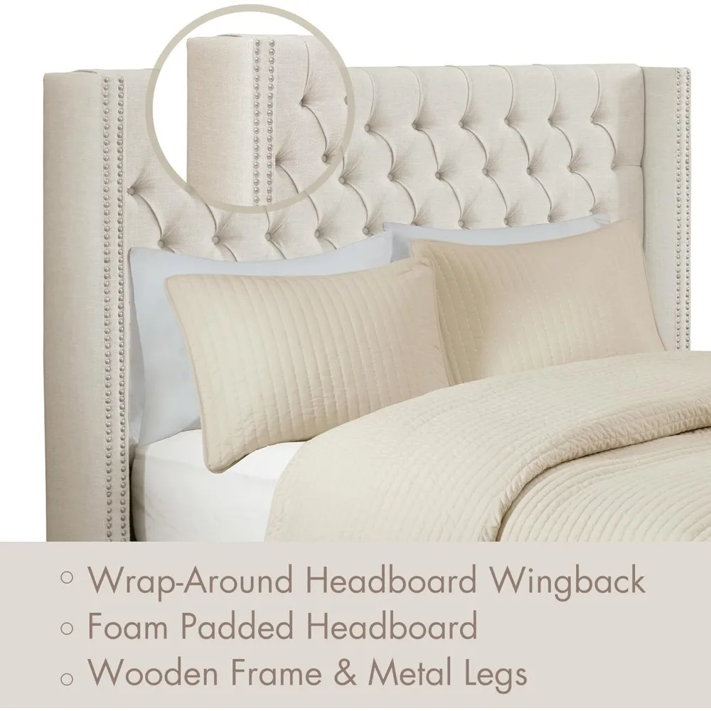 Amelia Upholstered Headboard Nail Head Trim Wingback Button Tufted King, Cream headboards cabecero cama 135 headboard