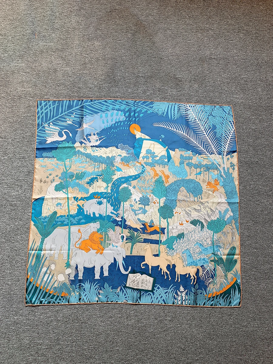 2023H blue animal carnival double-sided printing scarves 100% high quality twill Silk scarf send gifts with hand gifts