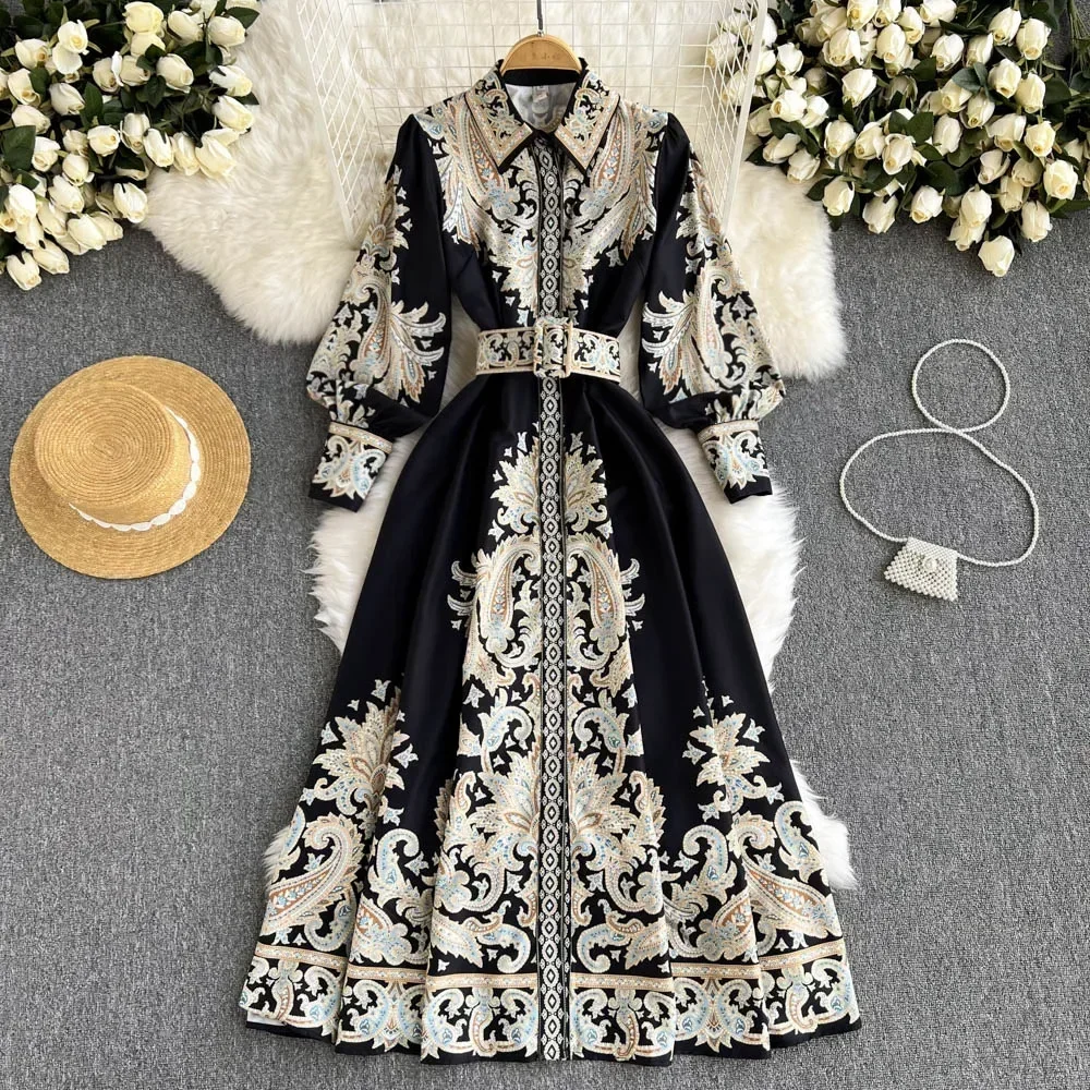 Summer Dress Women's Printed Vintage Dresses, Long Sleeved Clothing Midi Elegant Spring Dress for Women Streetwear Sexy Dress