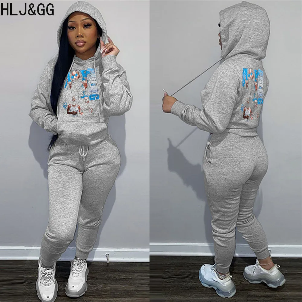 HLJ&GG Winter Casual Pattern Printing Hooded Two Piece Sets Women Round Neck Long Sleeve Sweatshirt And Jogger Pants Tracksuits drop resistant pattern printing flexible tpu phone case for samsung galaxy a32 4g eu version dogs