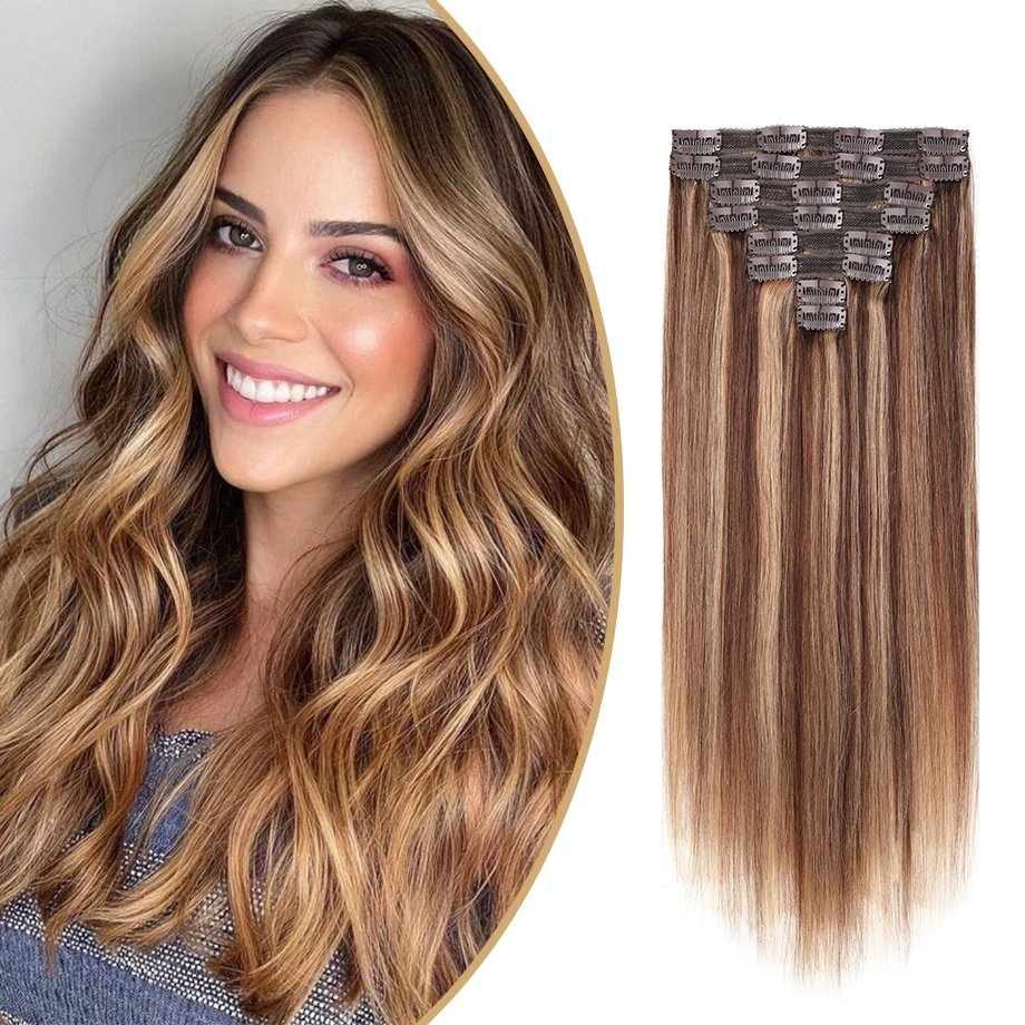 

Clip-in Hair Extensions 100% Natural Real Remy Human Hair Brazilian Silky Straight Hair Extension Balayage Blonde Hair Extension