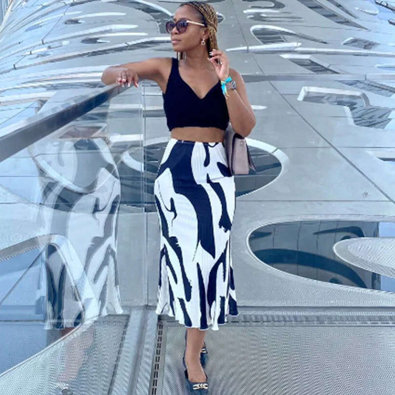 Women Trumpet Pleated Skirts 2024 Printed Mid-Calf long Elegant Sexy Skirts Elastic Waist pleated bodycon skirts for female