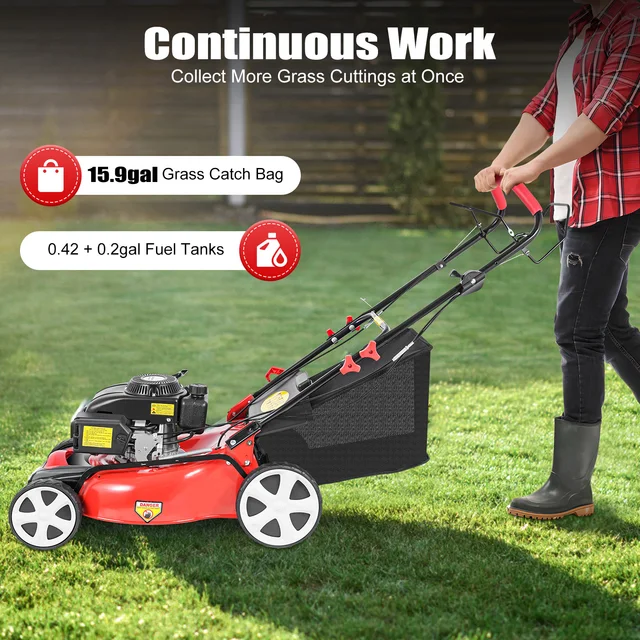 Self-Propelled Gas Lawn Mower 5HP 140CC, 20 Inch Cutting Width with 60L Grass Bag, 8 Height Adjustable 4-Stroke Engine 4 Self-Propelled Gas Lawn Mower 5HP 140CC, 20 Inch Cutting Width with 60L Grass Bag, 8 Height Adjustable 4-Stroke Engine 4