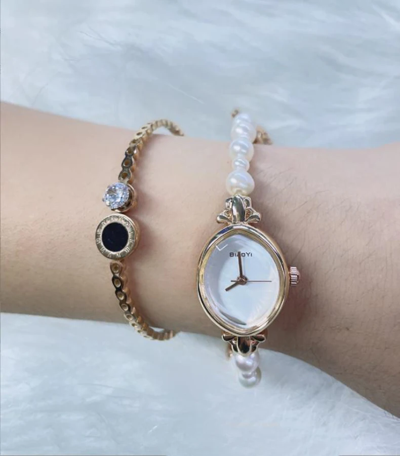 Women Quartz Watch Bracelet Bangle Rose Gold Golden White Pearl Bead Band Ladies Female New Beaded Wristwatch for Girls Dropship