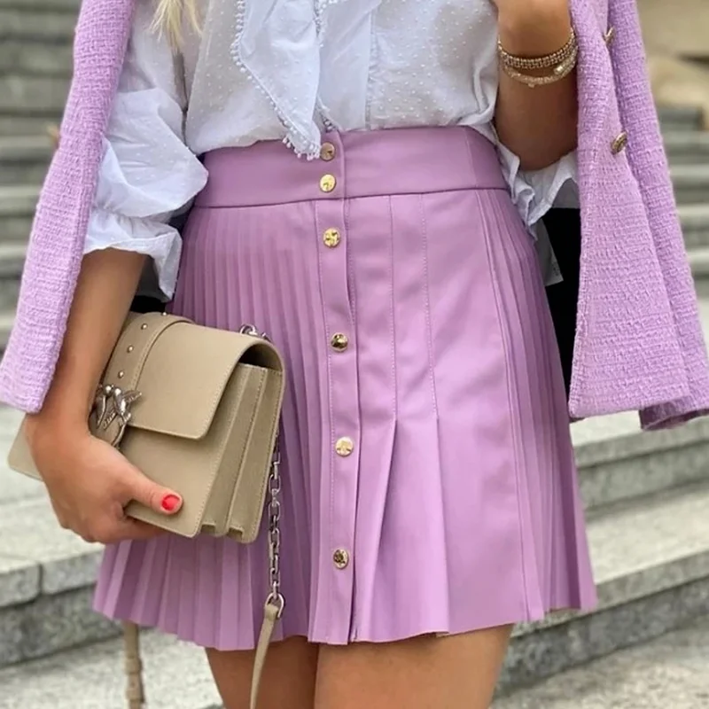 Sexy Mini Pleated Skirts 2023 Solid Pu Leather Skirt Asymmetrical Fashion Women High Waist Buttons Female Autumn Workwear Faldas free shipping 2021 new fashion plus size s xl long maxi pleated skirt buttons summer and autumn linen cotton skirts with belt