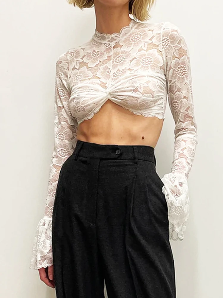 

Женский Кружевной укороченный топ Y2k, летний элегантный топ с расклешенными длинными рукавами и цветами, 2023