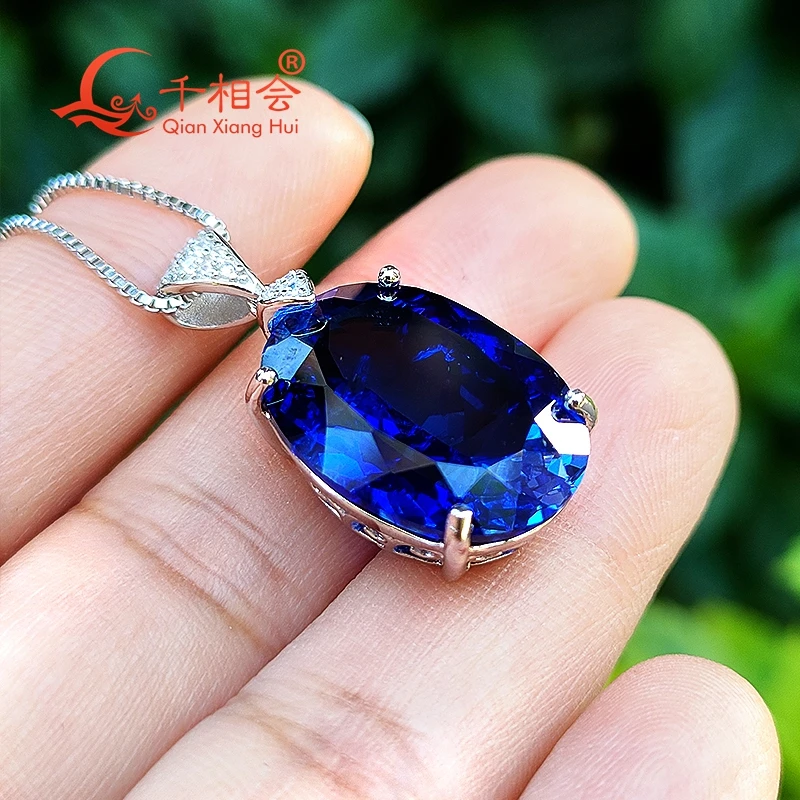 925 silver Fashion oval shape with inclusions Artificial  blue sapphire 14*19mm 18ct  ruby main stone Jewelry  Pendant Necklace