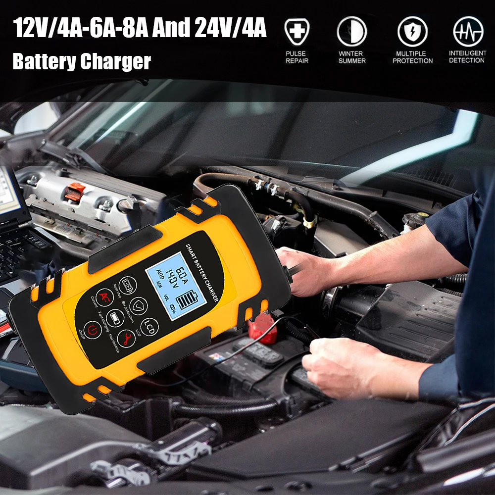 

Full Automatic Car Battery Charger 12V/4A-6A-8A And 24V/4A Intelligent Fast Power Charging Wet Dry Lead Acid Digital LCD Display