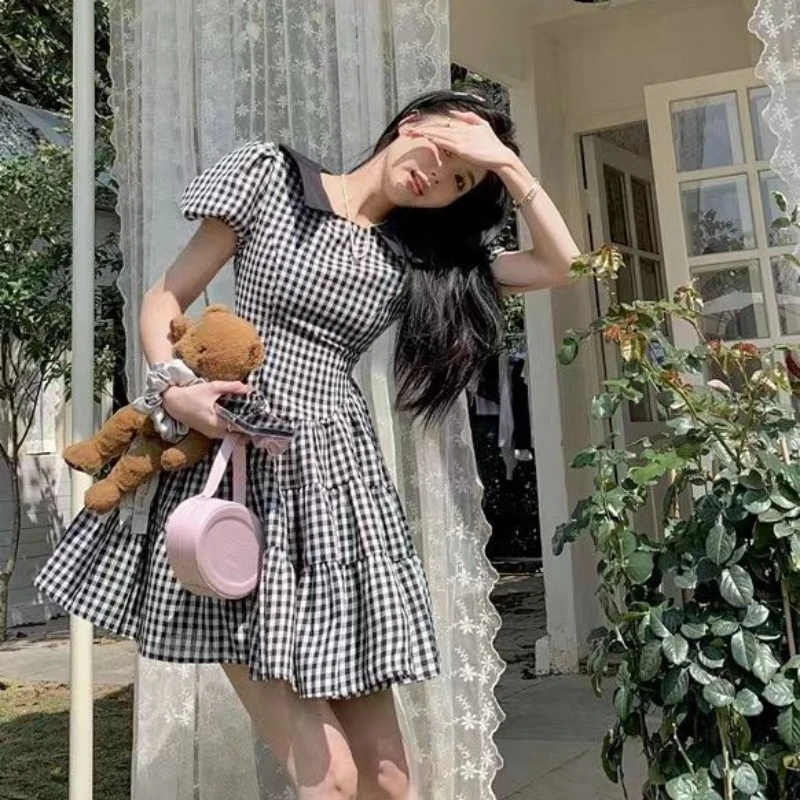 

Новинка весны 2024, клетчатое женское платье-трапеция с завышенной талией, тонкое нишевое милое женское офисное платье во французском стиле