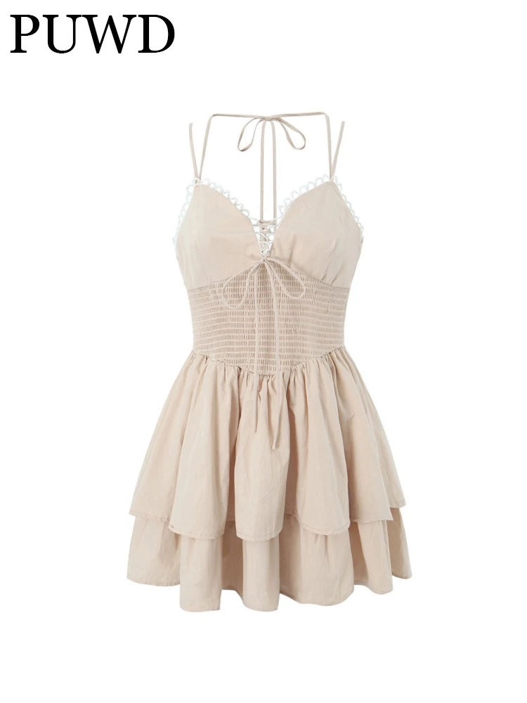 

Модное женское мини-платье на бретельках PUWD с эластичной талией 2023, летнее винтажное платье без рукавов со складками, женские платья