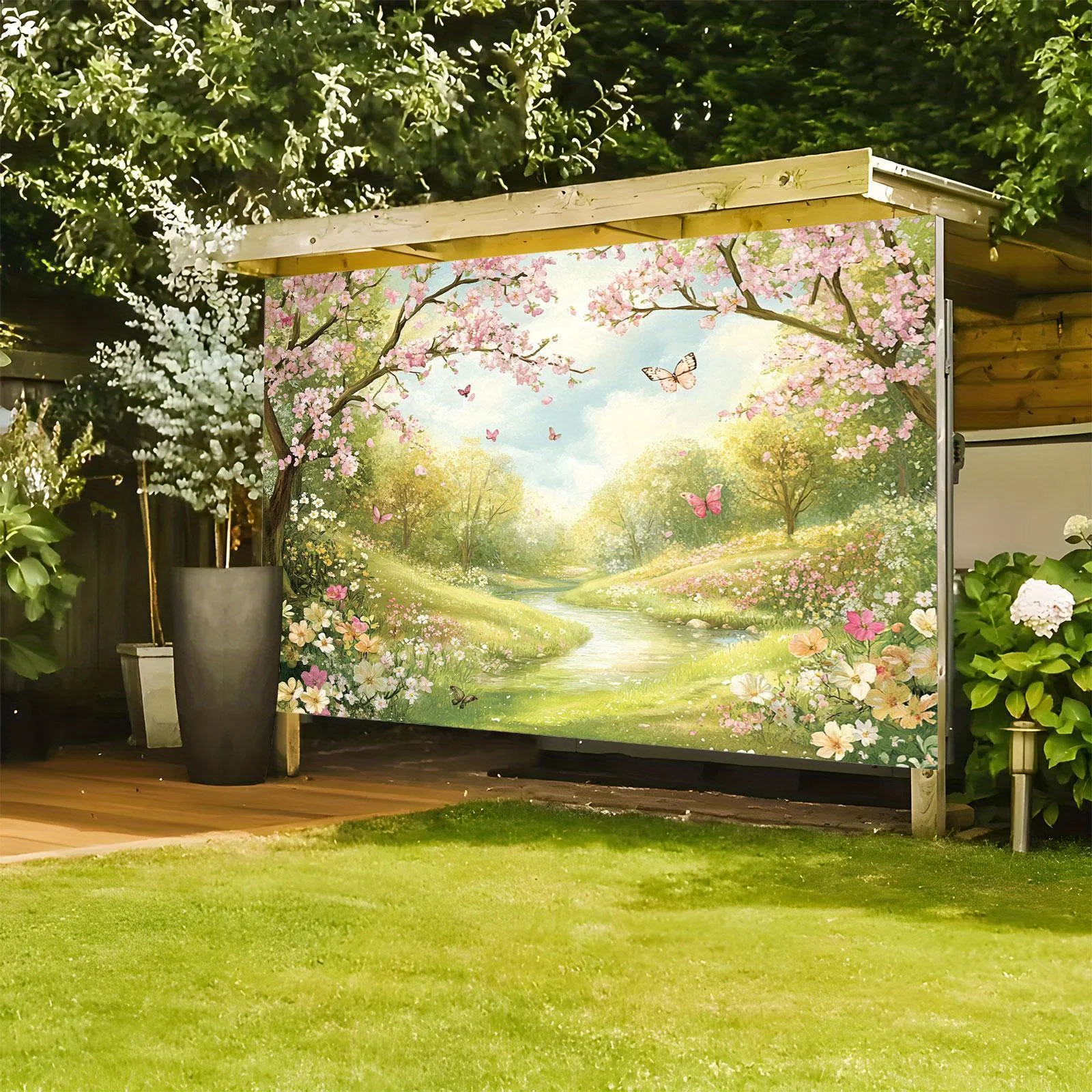 Ein farbenfrohes Blumen- und Gras-Party-Banner – strapazierfähige Frühlingsszene aus Polyester mit Kirschblüten, Schmetterlingen und Bächen – Detail 5