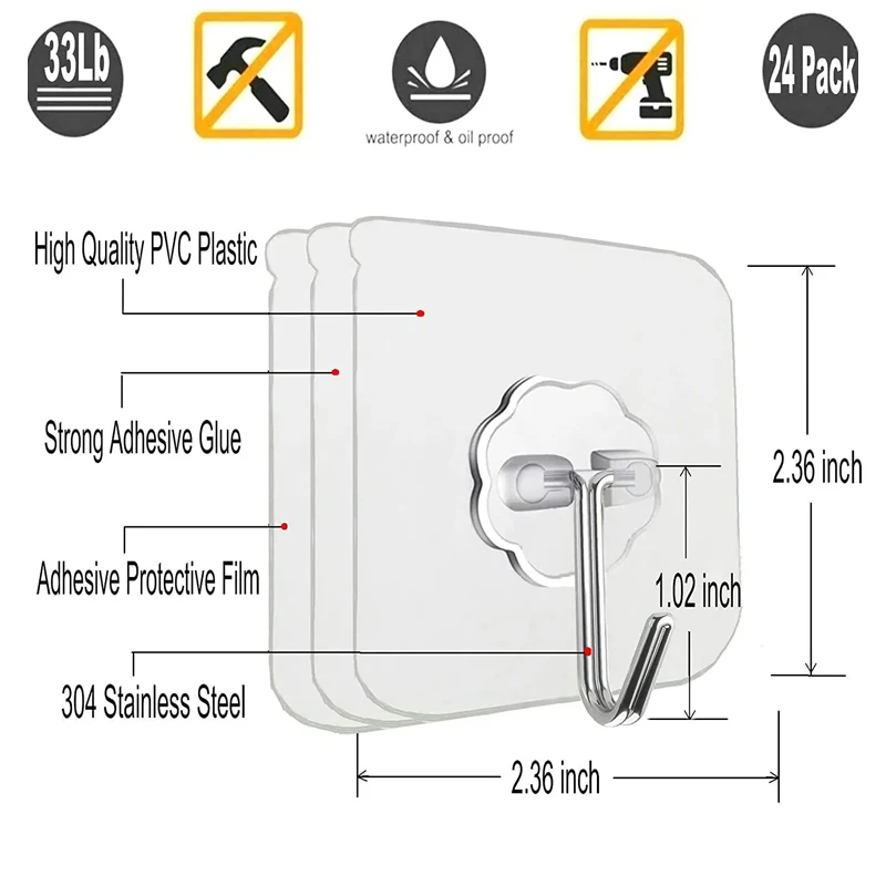 Self adhesive hooks 20 Pcs transparent stainless steel strong for bathroom towel clothes key pendant storage
