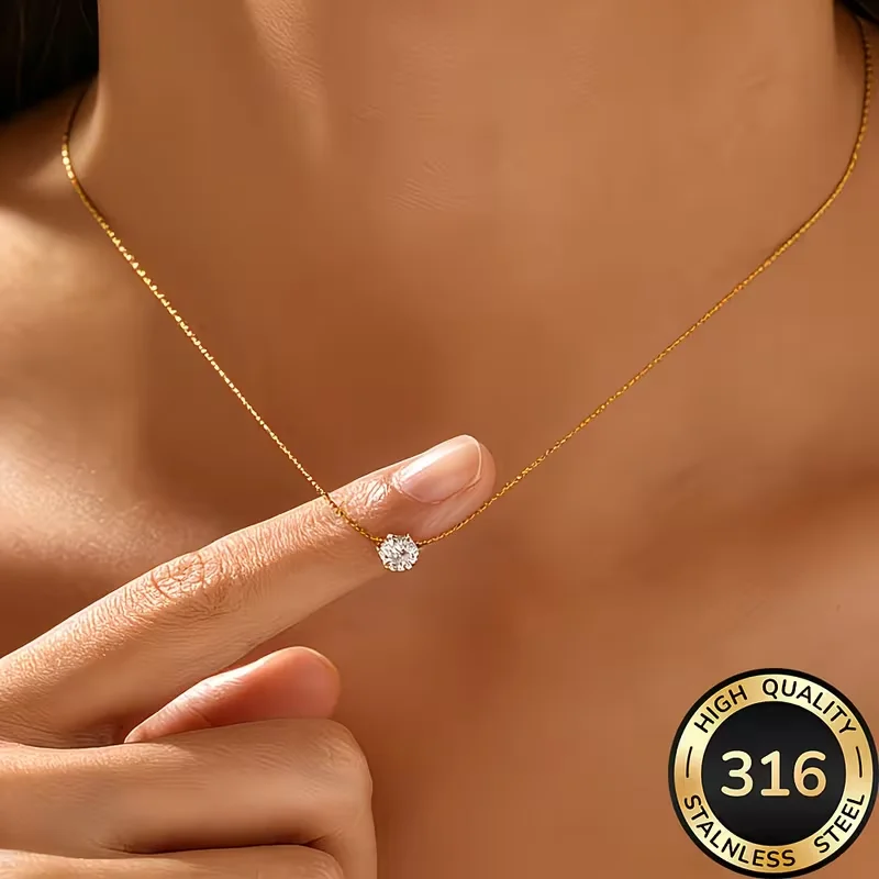 Edelstahl Vergoldete Zarte Minimalistische Zirkon-Halskette mit Anlaufschutz und Rundem Klarem CZ-Stein für Damen Accessoire