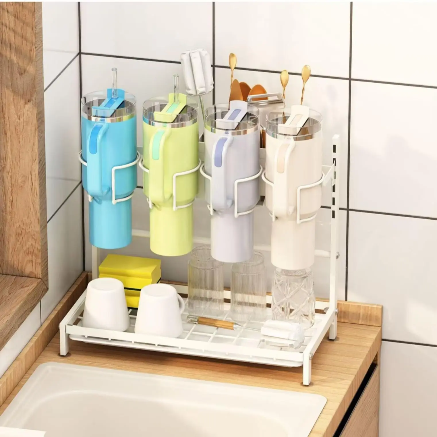 Metal Adjustable Tumbler Drying Rack For Stanley Cup Water Bottle Organizer For Kitchen Countertop White Thermos Holder 2