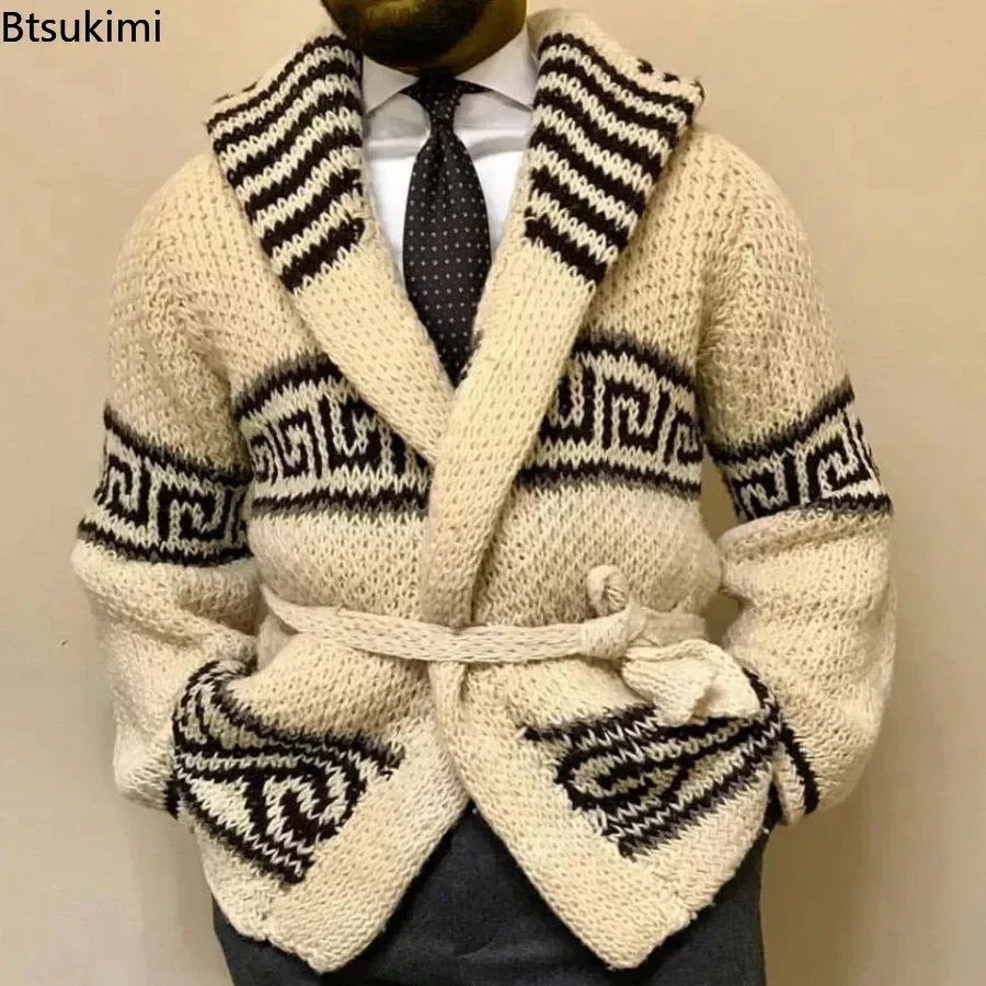 2024 Men's Warm Sweater Cardigan Autumn Winter Retro Jacquard Knitted Sweater Male Thicker Lace-Up Waist Cardigan Sweater Coats 2023new 3 8cm thick cowhide copper buckle genuine leather casual jeans belt men high quality retro luxury male strap cintos 2024