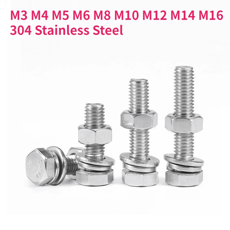 

M3 M4 M5 M6 M8 M10 M12 M14 M16 304 Stainless Steel External Hex Screw Outer Hexagon Head Bolt Nuts Flat Washers Lock Washers Set