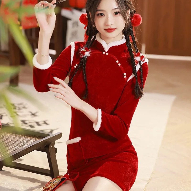 

Red Bride Qipao Chinese Traditional Dress Autumn Winter Improvement Thickened Cheongsam Elegant Temperament Christmas Dresses