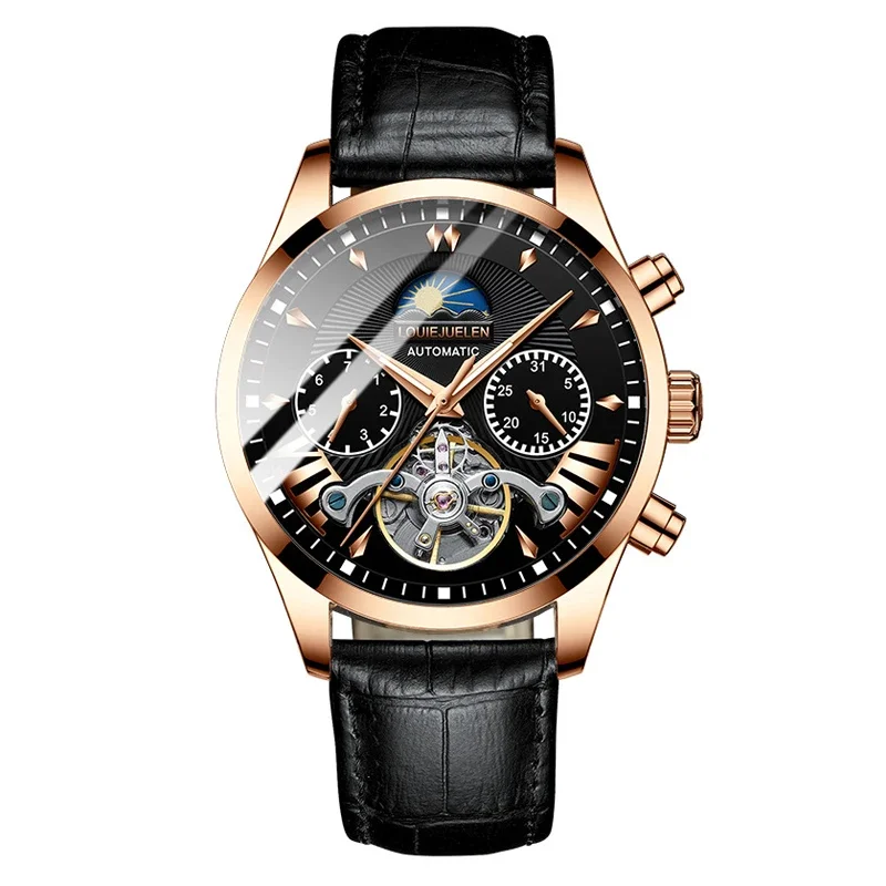 BELUSHI Men Automatic Watch Luxury Skeleton Tourbillon Clock Mens Stainless Steel Business Waterproof Mechanical Wristwatches