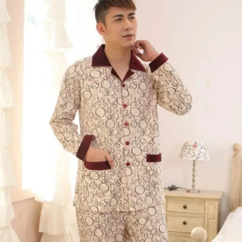 2024 New Men Pajamas Spring Autumn Long-sleeved Cotton Sleepwear Youth Plus Size Middle-aged Loungewear Winter Homewear Cardigan
