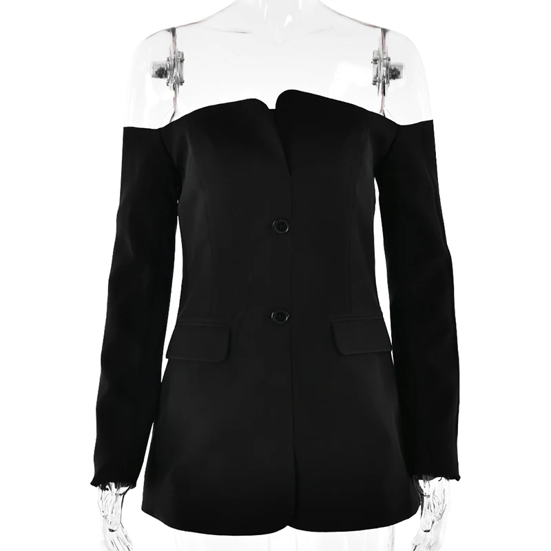 Off-shoulder Strapless Sexy Blazer Dress For Women Fashion Solid Zipper Two Pocket Long Sleeve Backless Mini Dress