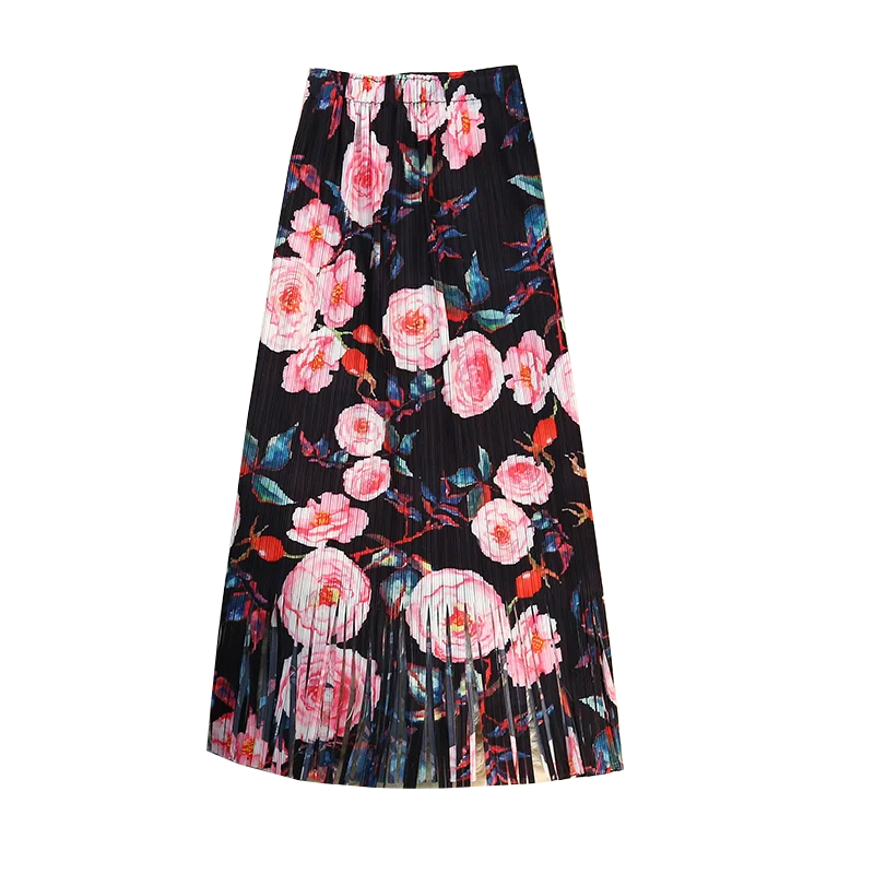 

Womens High Waist Tassels Pleated Skirt Summer New Contrast Color Chic Fashion Female Vintage Floral Print A-line Straight Skirt