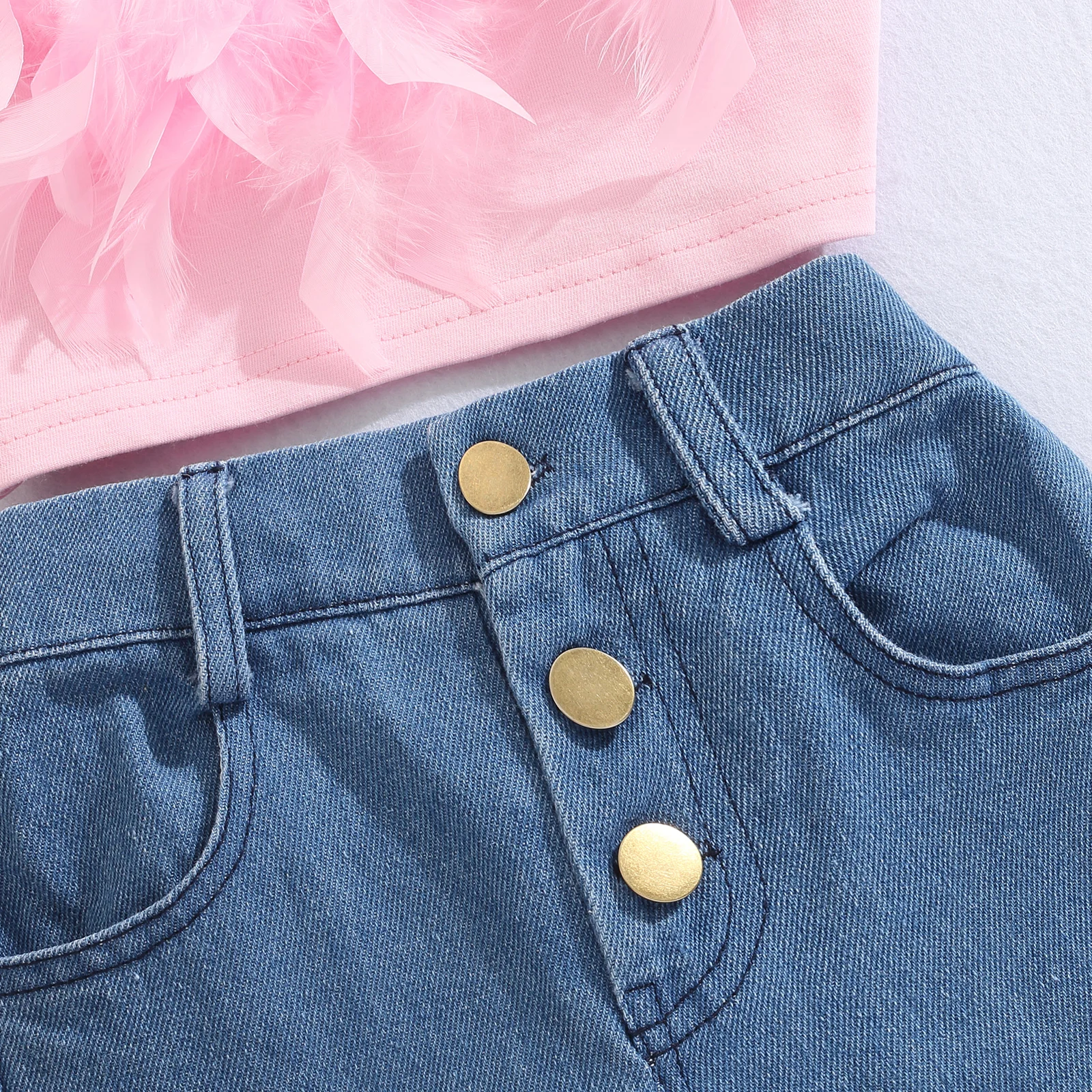 Girls Pink Feather Camisole + Denim Pants Outfit Set 5