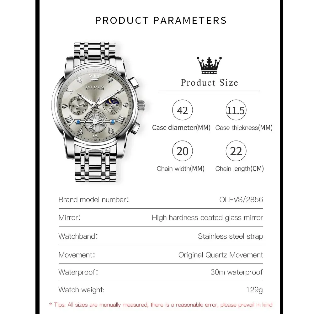 OLEVS Men's Luxury Quartz Wristwatch - Moon Phase Chronograph, Waterproof & Luminous