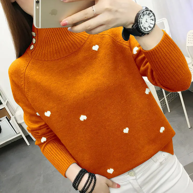 

Fashion Half High Collar Printed Spliced Button Korean Sweaters Female Clothing 2023 Autumn Winter Casual Pullovers Commute Tops