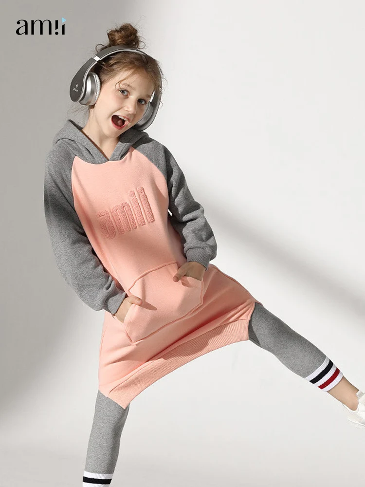 

Amii Kids Plush Dress for Girls 2022 Winter 3-12y Hooded Collar Long Sleeve Design Dress Pockets Spit Midi Kids Clothes 22120087