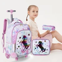 3PCS Rolling Backpack for Girls Kids Wheeled School BookBag With Lunch And Pen Bag Pink Unicorn Glow-in-the-dark Function 2