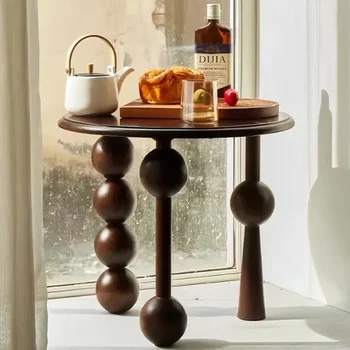 Tavolino da caffè francese di lusso in noce chiaro Tavolino rotondo vintage in legno massello Comodino per divano Soggiorno Comodino