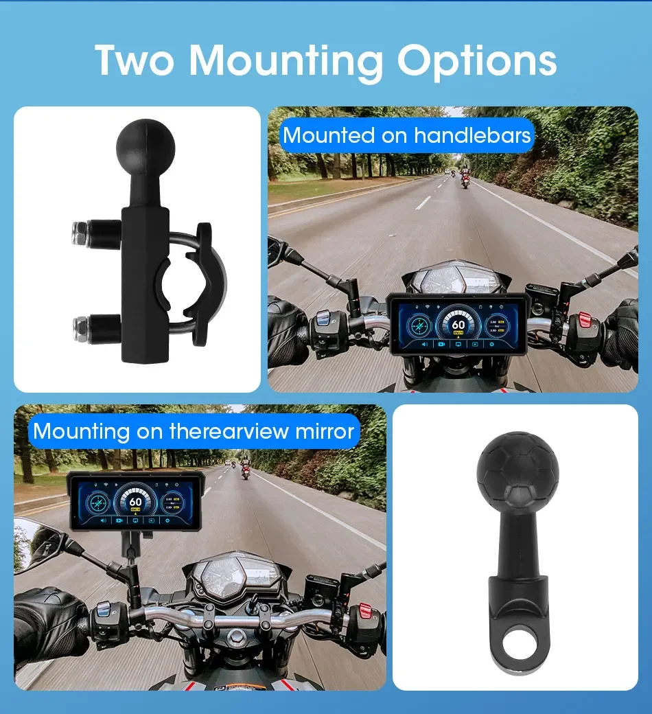 Srnubi 8,1-Zoll-Motorradnavigation, vorne 4K, hinten 1080P, Carplay, Android Auto, DVR, IPX7, wasserdicht, TPMS, tragbarer Bluetooth-Monitor – Detail 16