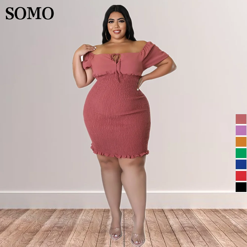 Summer Clothes Sexy Solid Color Plus for Women One Word Mini Dress Hip Wrap Clubwear Dropshipping - AliExpress